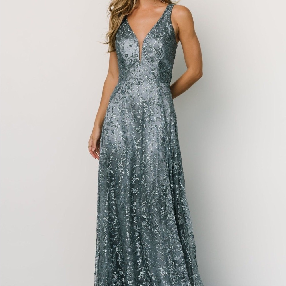 Soieblu Lace V-Neck Maxi Gown in Slate Blue